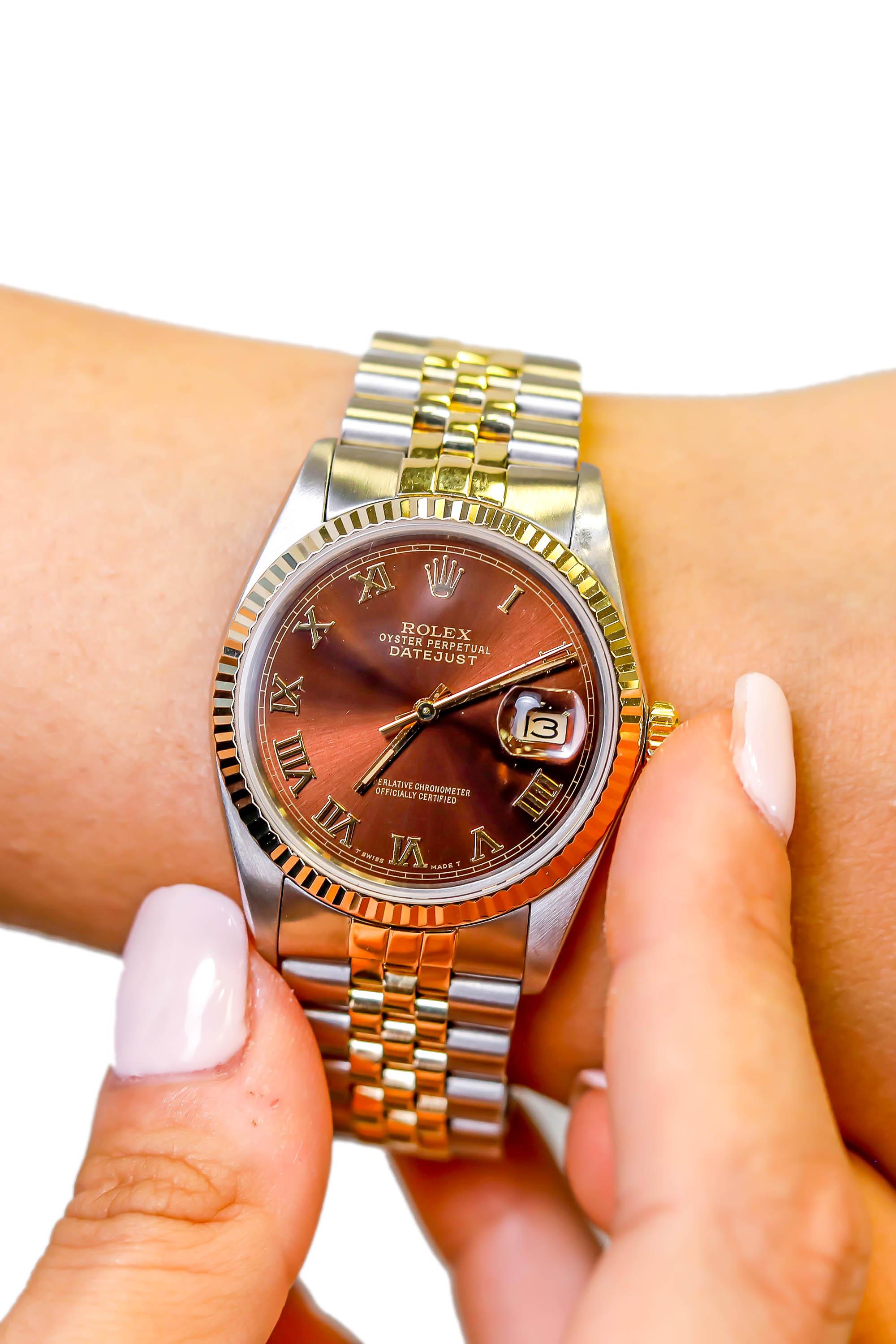 Rolex 2-Tone Edelstahl Datejust Brown römische Ziffern automatische Armbanduhr im Zustand „Hervorragend“ im Angebot in New York, NY