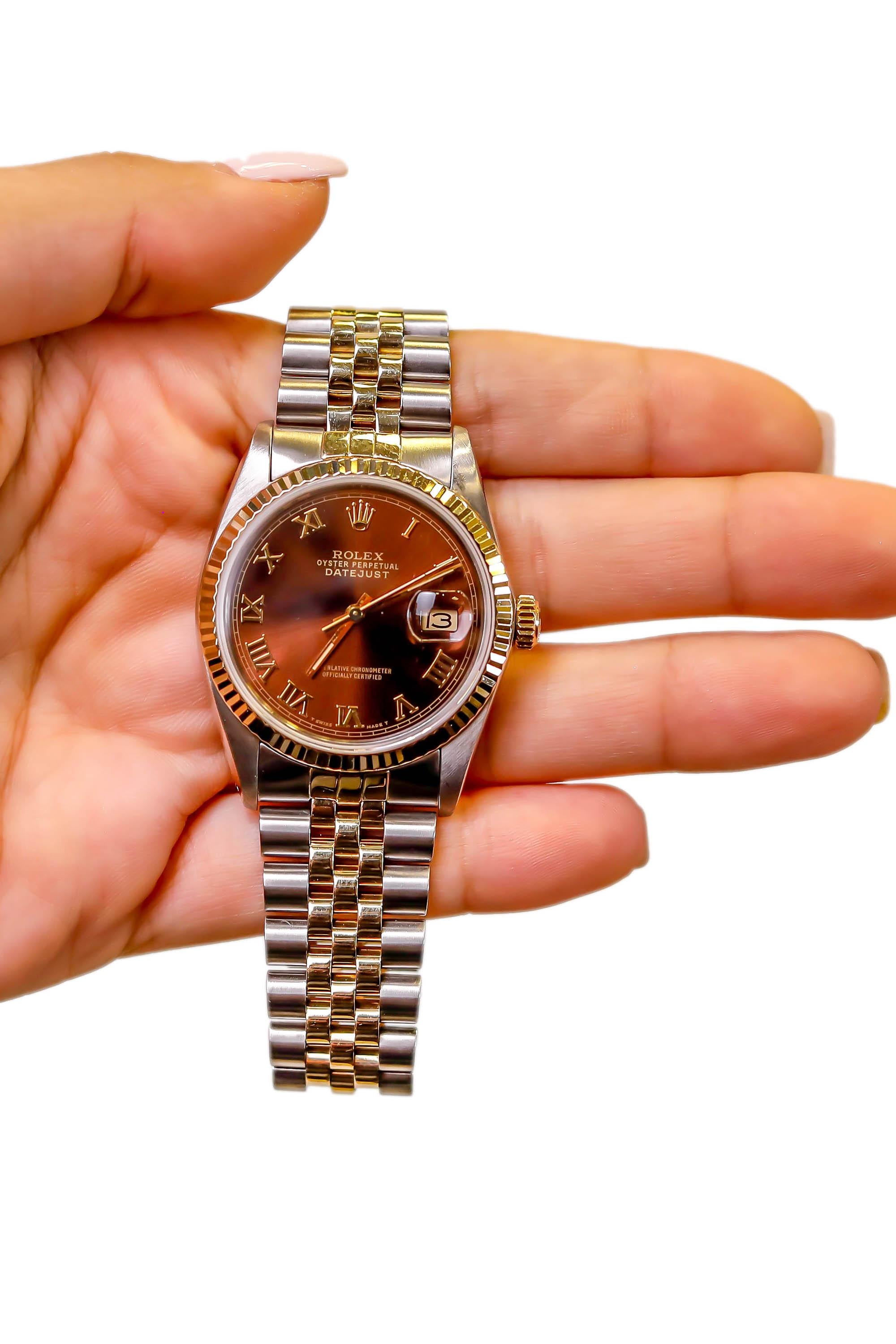 Rolex 2-Tone Edelstahl Datejust Brown römische Ziffern automatische Armbanduhr Herren im Angebot