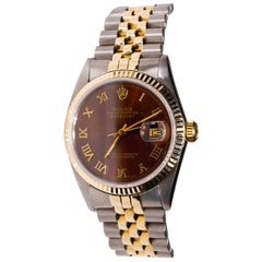 Vintage Rolex 2-Tone Stainless Steel Datejust Brown Roman Numerals Automatic Wristwatch