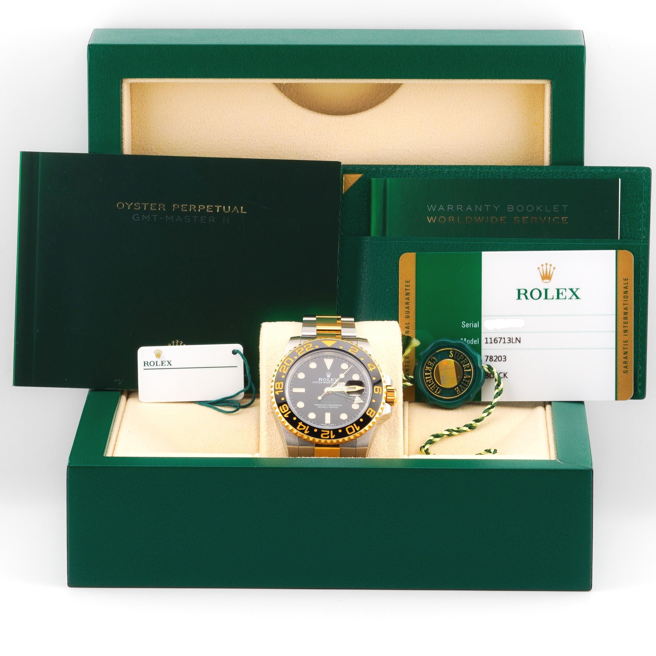 Rolex 2018 GMT-Master 116713LN Reloj de pulsera con esfera negra bicolor c/caja y papeles en venta 4
