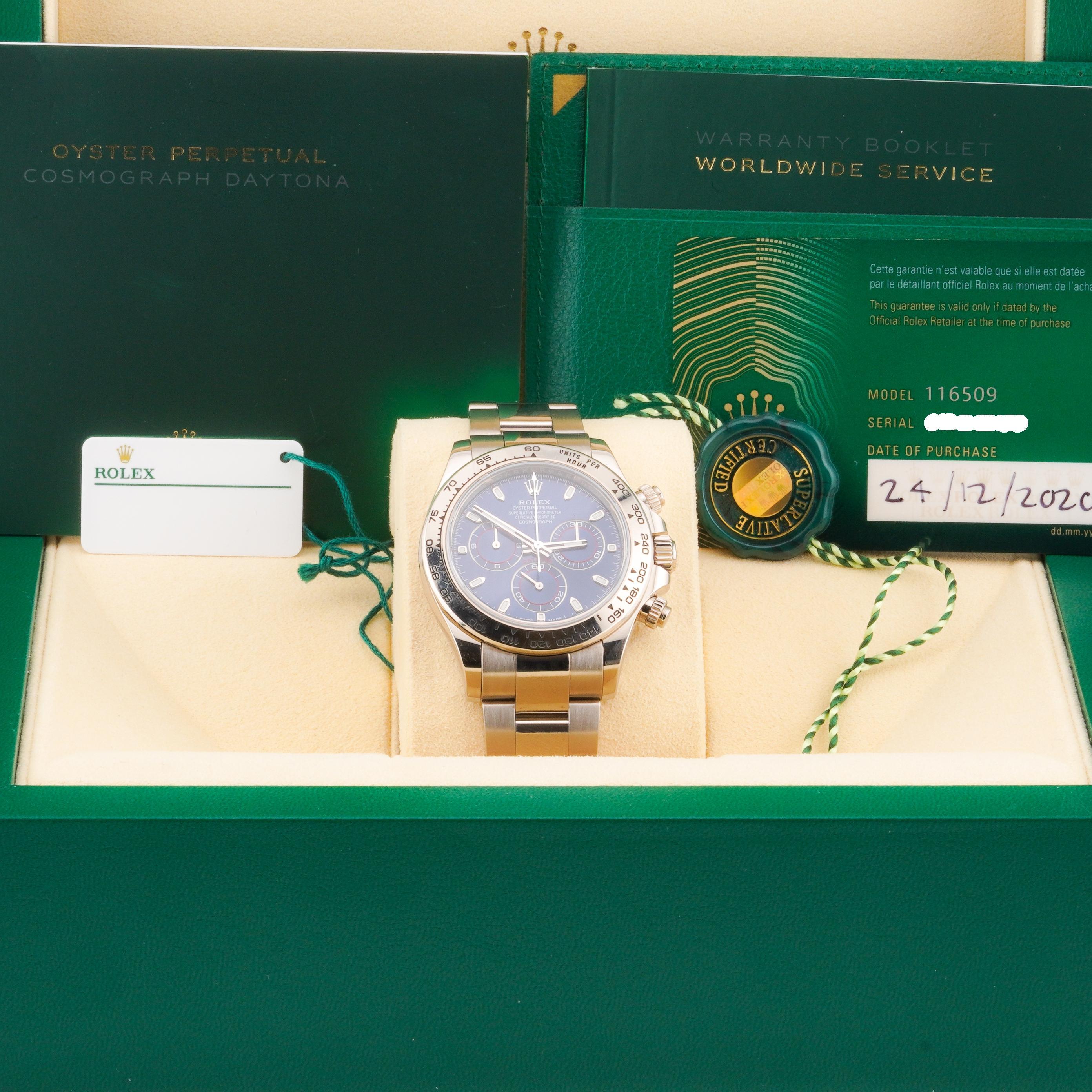 Rolex 2020 Daytona 116509 Oro Bianco Quadrante Blu 40 mm Orologio con Scatola e Documenti in vendita 3