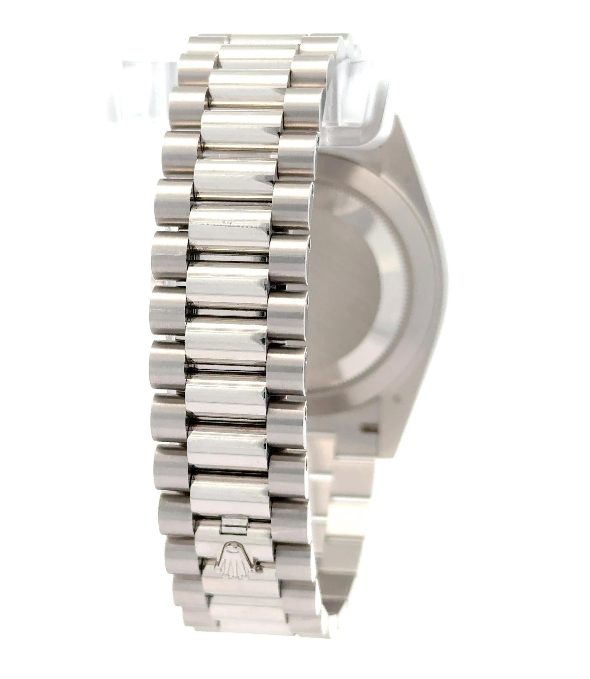 Rolex 2023 Day-Date 228236 Platinum Arabic Ice Dial Watch w/ FULL SET In Good Condition For Sale In Palm Beach, FL