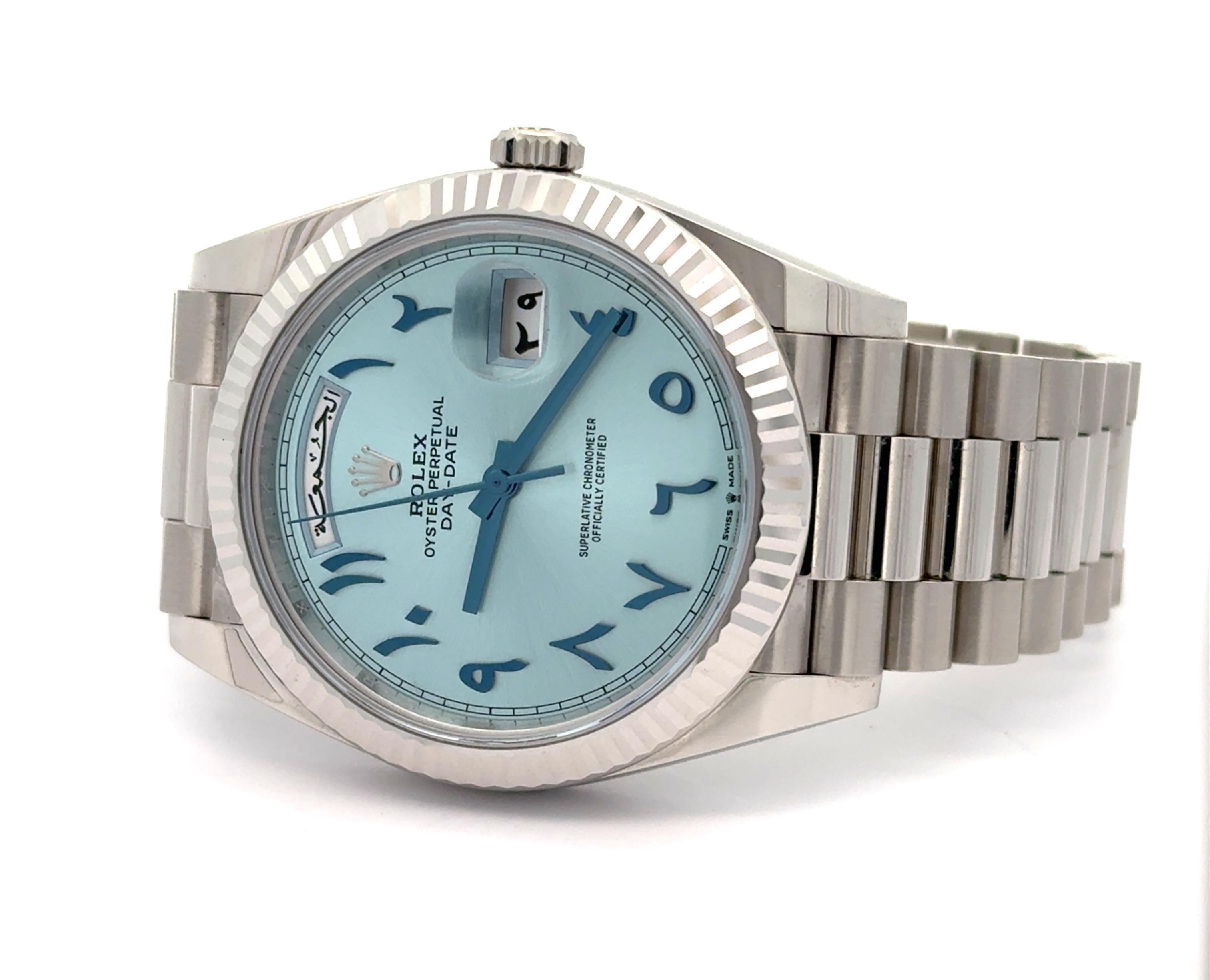 Rolex 2023 Day-Date 228236 Platinum Arabic Ice Dial Watch w/ FULL SET For Sale 1