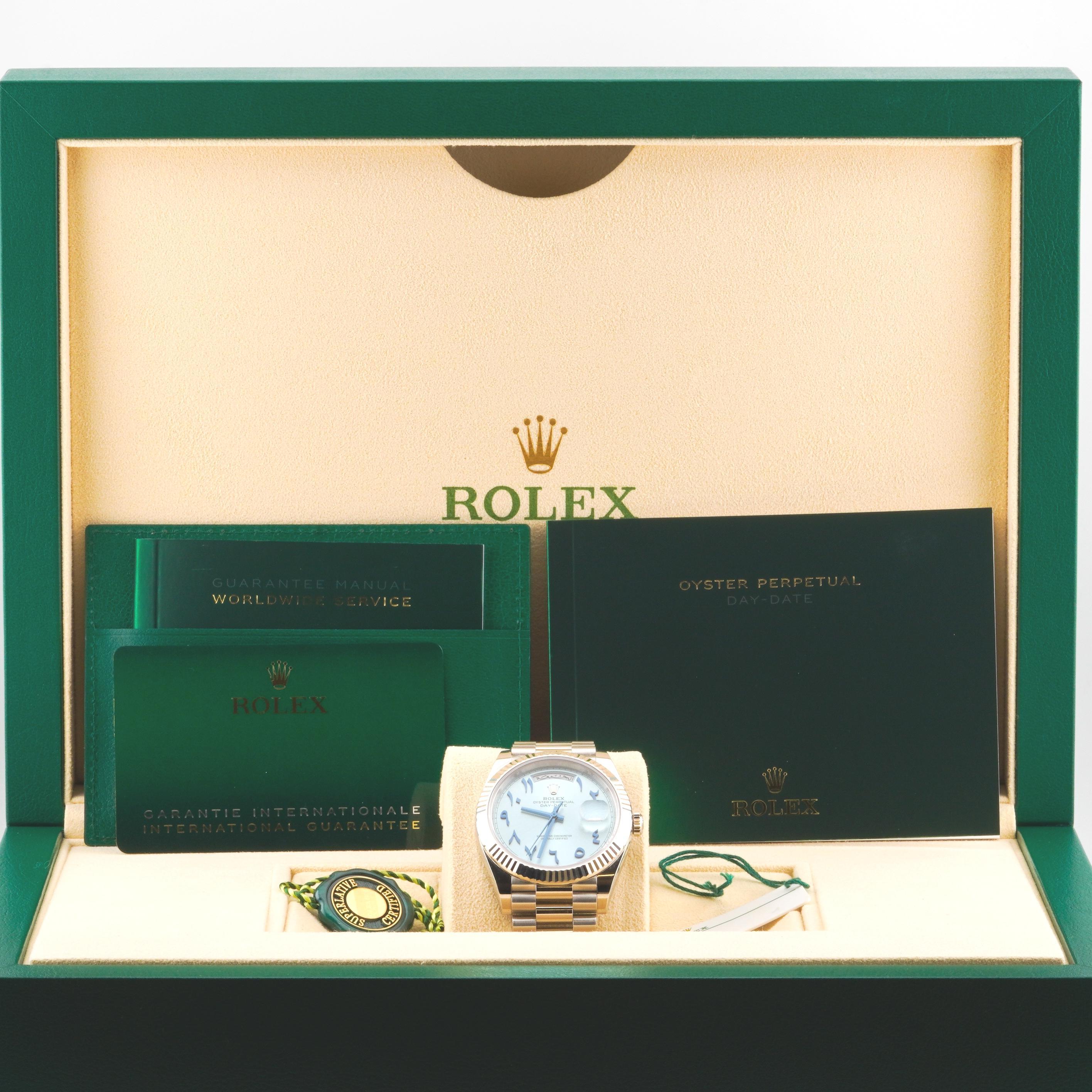 Rolex 2023 Day-Date 228236 Platinum Arabic Ice Dial Watch w/ FULL SET For Sale 5
