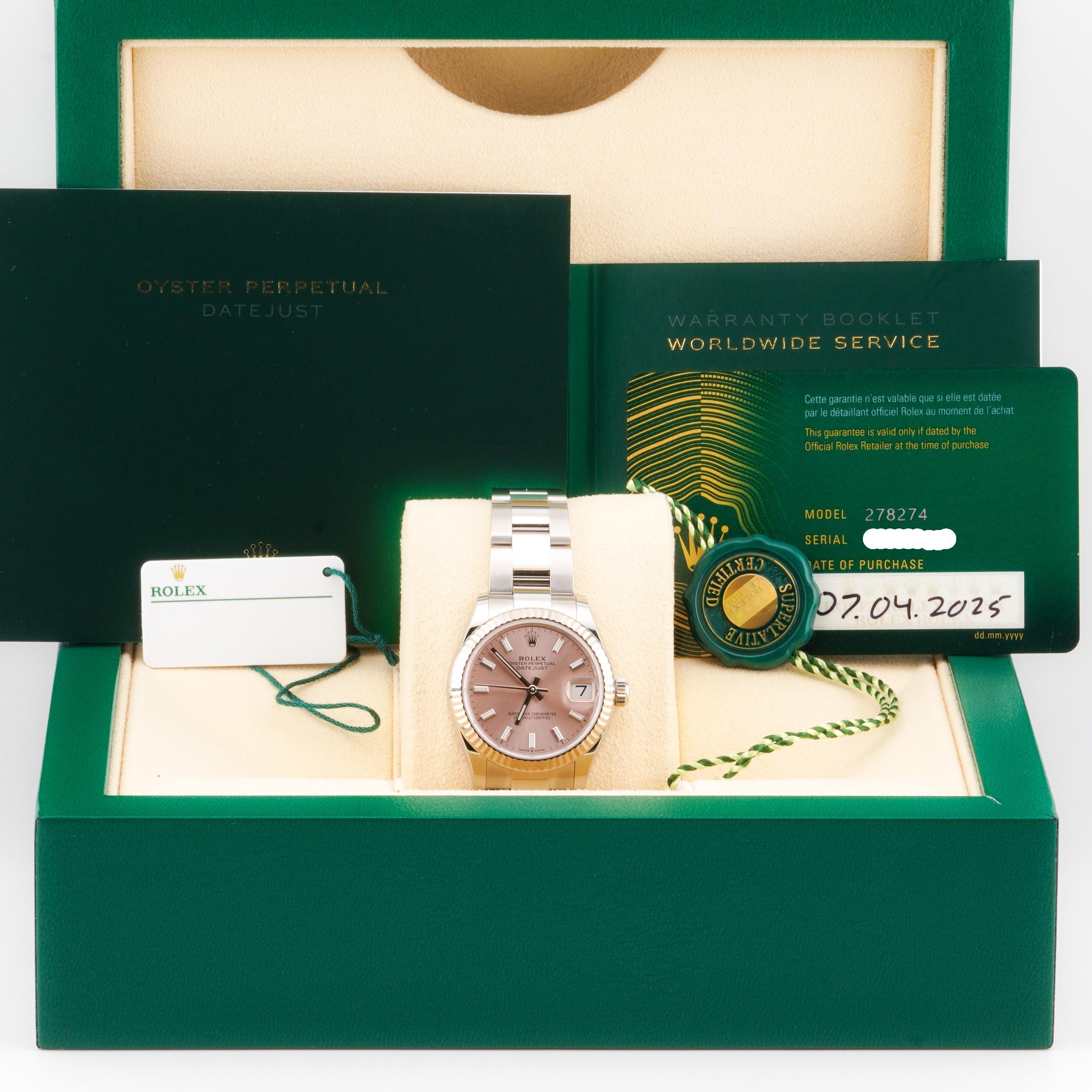 Rolex 2025 Datejust 278274 Esfera rosa Reloj de acero inoxidable de 31 mm con caja y papeles en venta 3