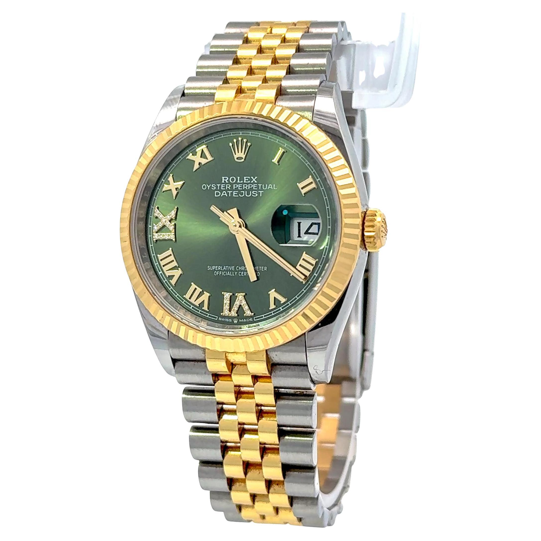 Montre Rolex 2025 Datejust Two Tone 36mm Jubilee Green Roman Diamond Dial