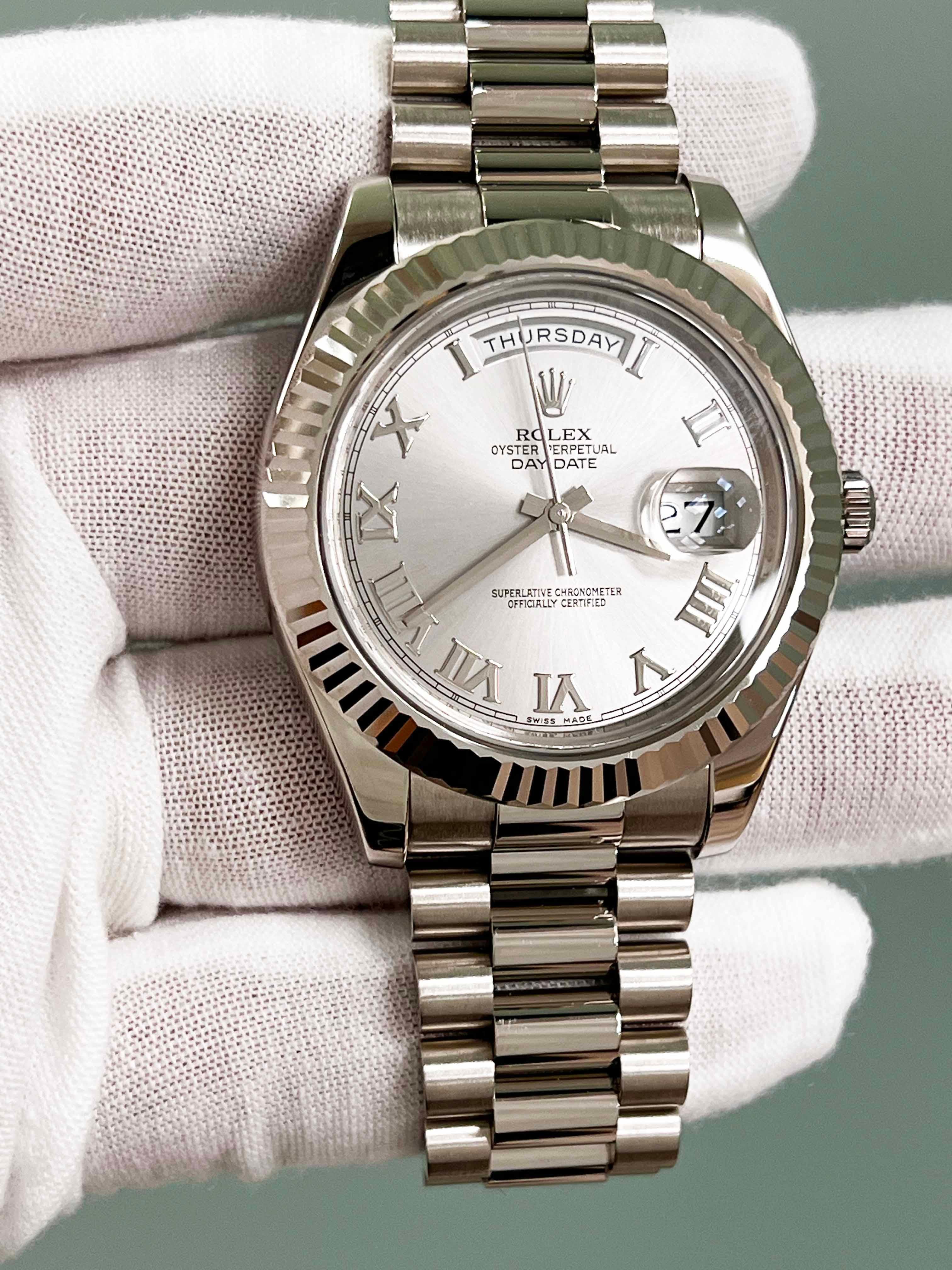 Rolex 218239 President Day Date II 41mm Silver Dial 18K White Gold Box Paper For Sale 3