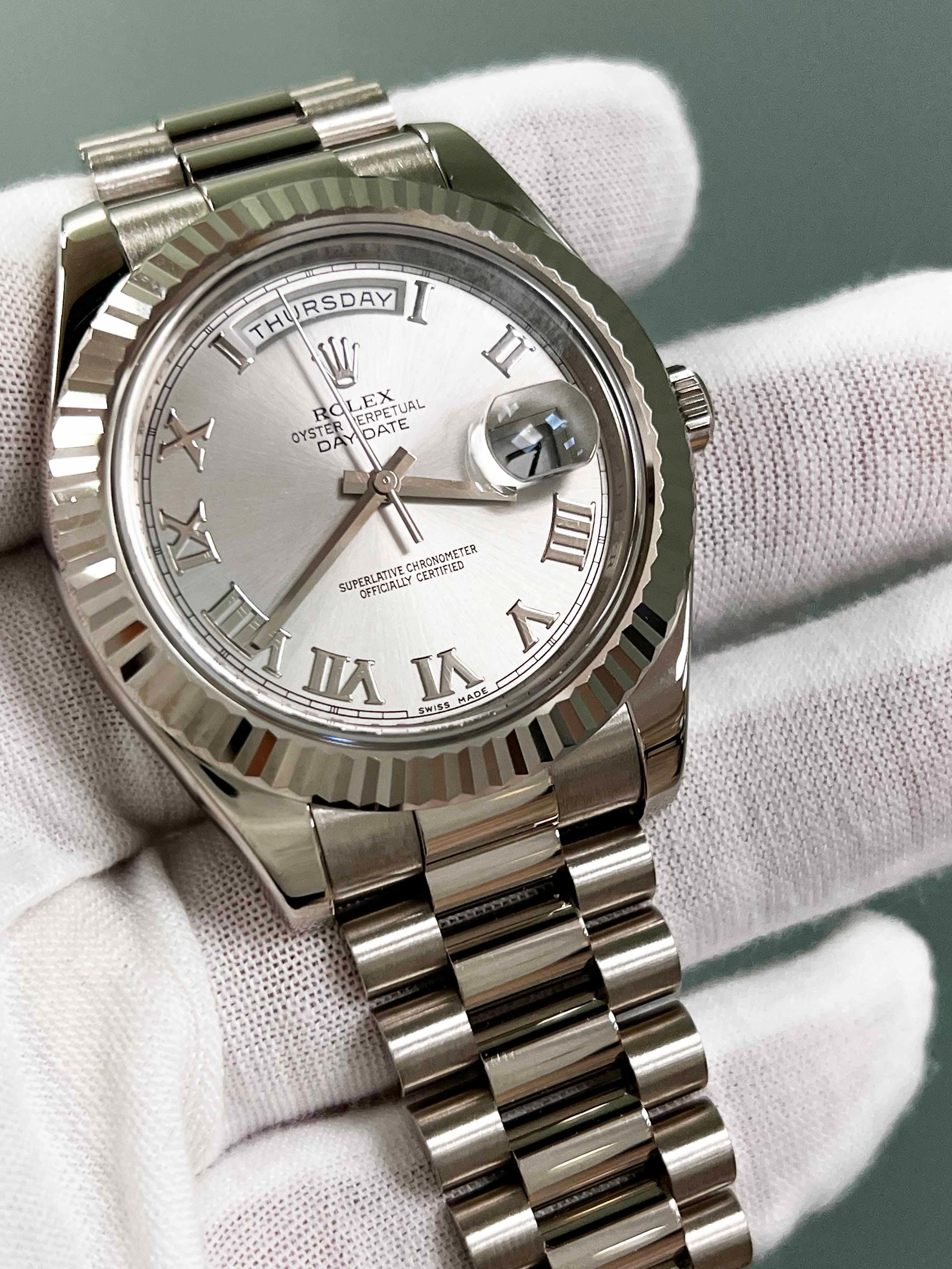 Rolex 218239 President Day Date II 41mm Silver Dial 18K White Gold Box Paper For Sale 4