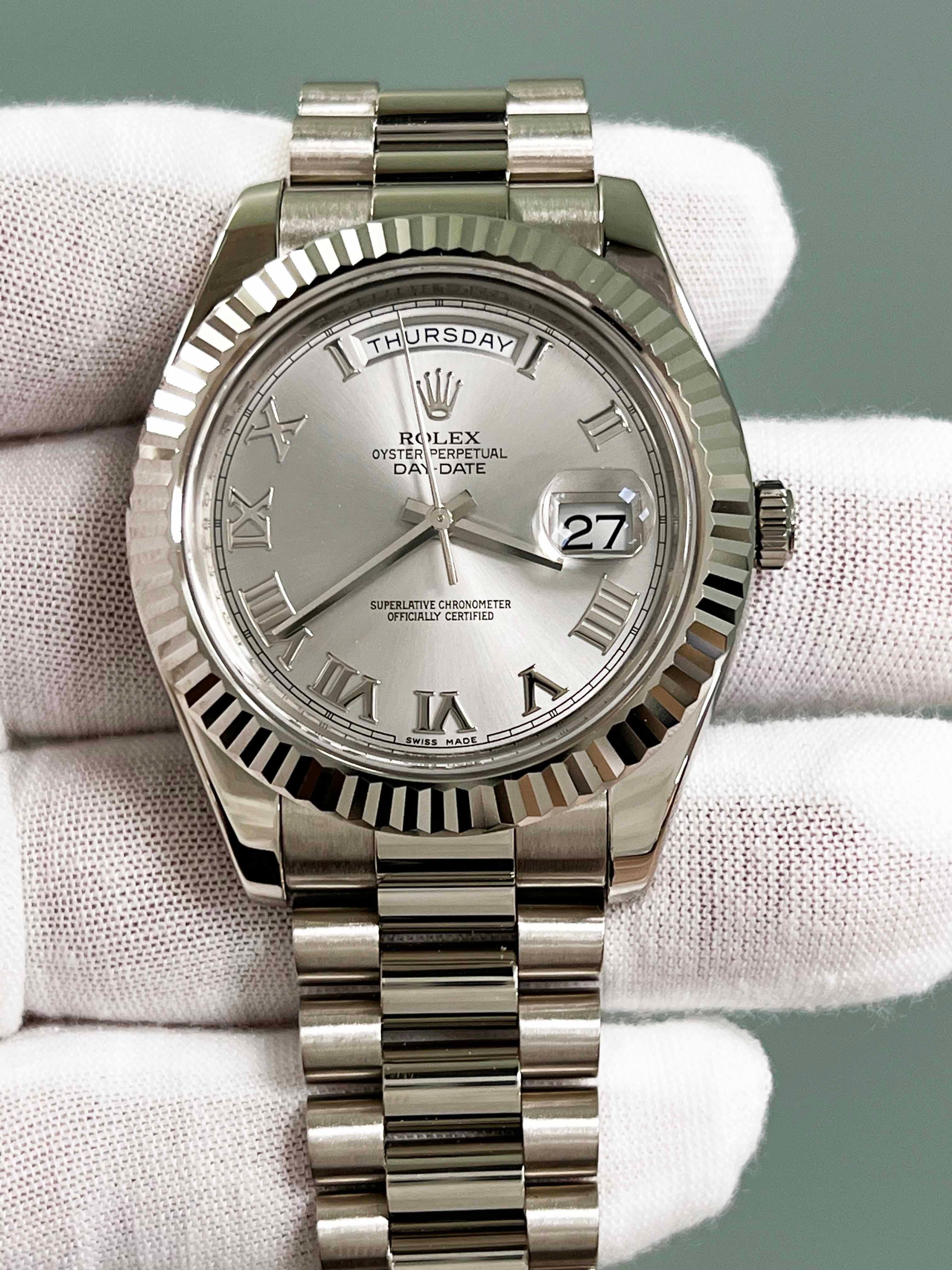 Rolex 218239 President Day Date II 41mm Silver Dial 18K White Gold Box Paper For Sale 2