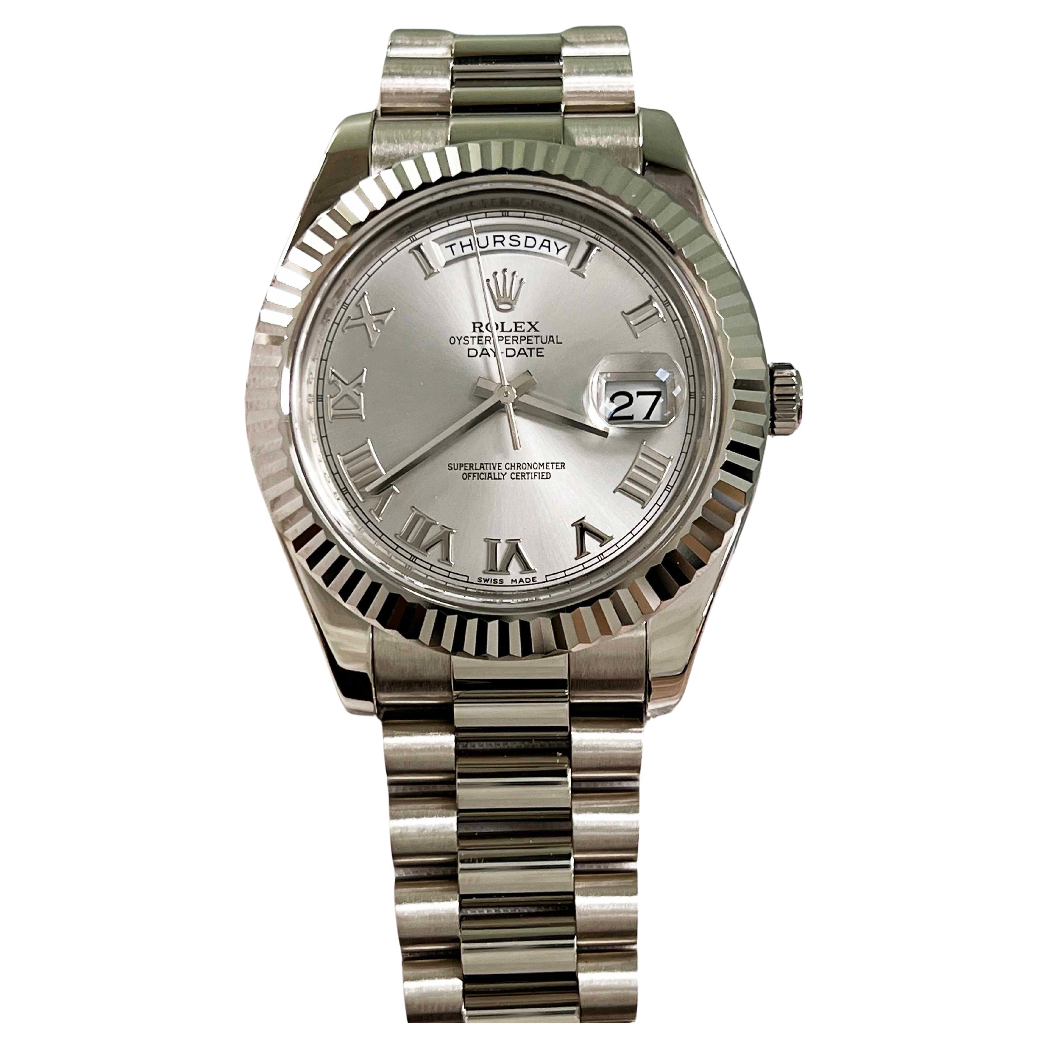 Rolex 218239 President Day Date II 41mm Silver Dial 18K White Gold Box Paper