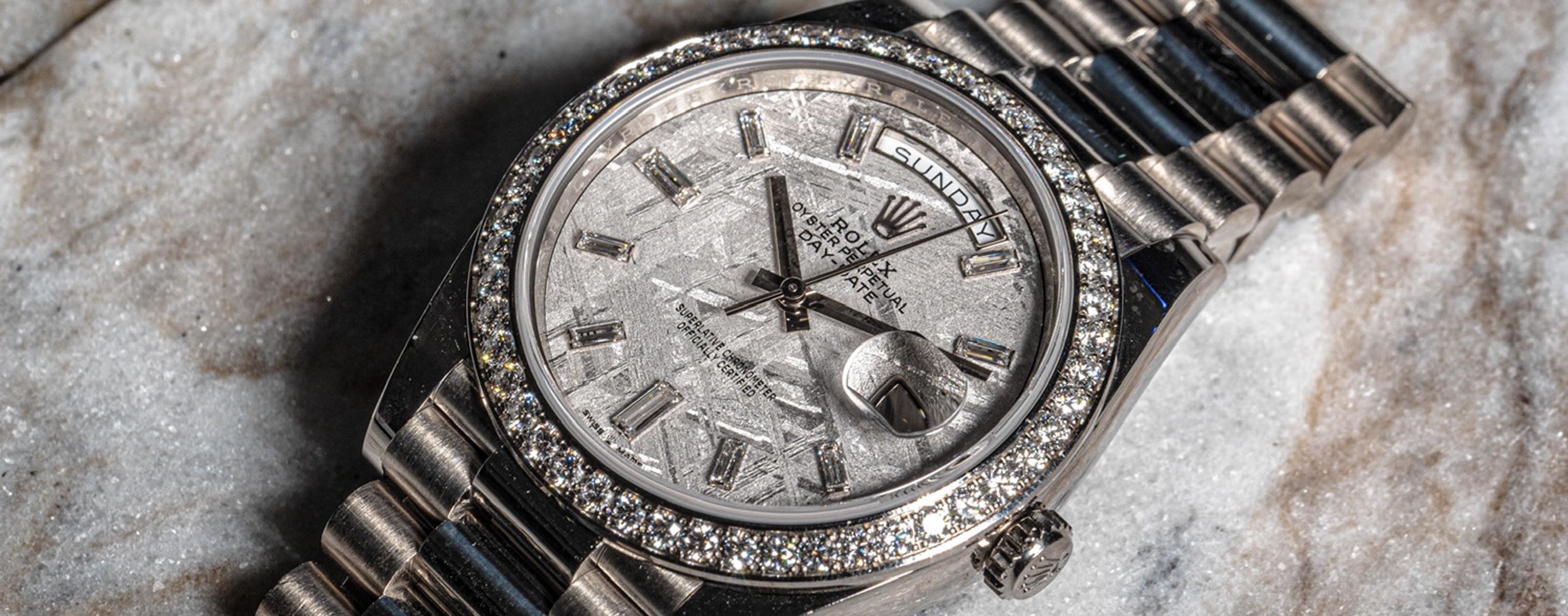 Rolex 228349RBR Orologio Day-Date in oro bianco 18 carati con quadrante in meteorite e diamanti in vendita 3