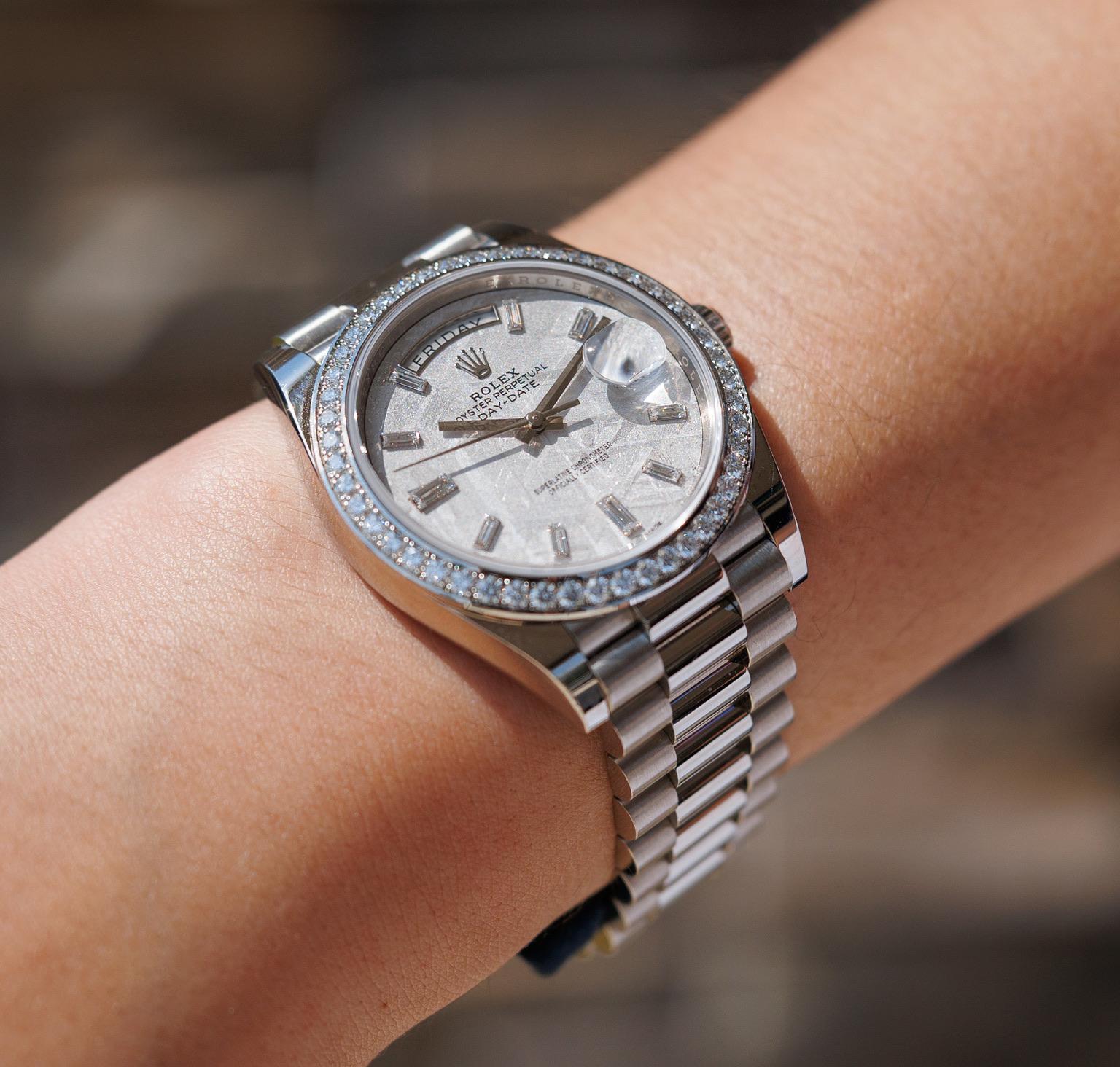 Rolex 228349RBR Orologio Day-Date in oro bianco 18 carati con quadrante in meteorite e diamanti in vendita 5