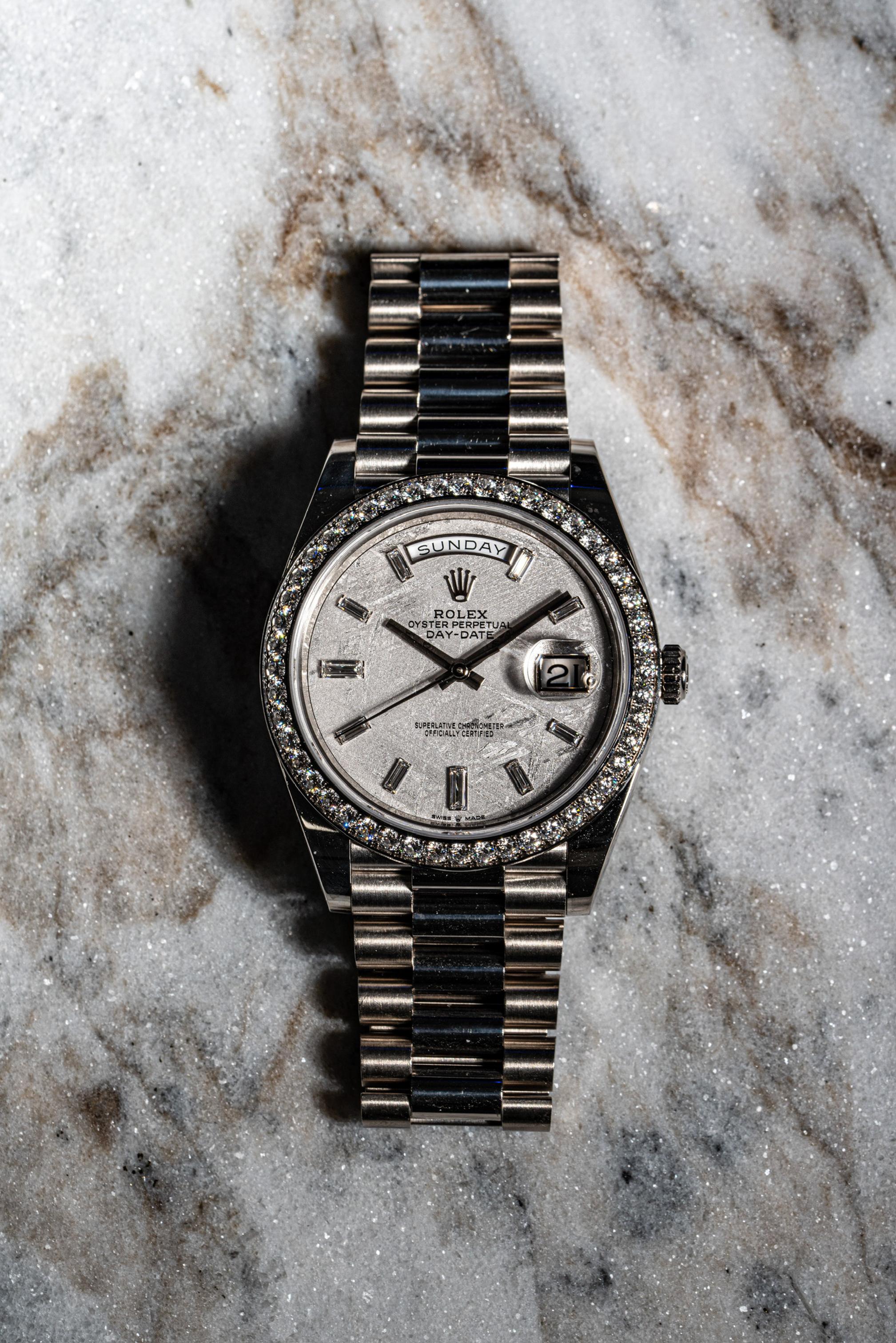 Rolex 228349RBR Orologio Day-Date in oro bianco 18 carati con quadrante in meteorite e diamanti in vendita 1