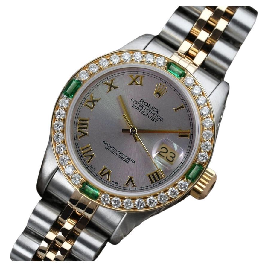 Rolex Dark Grey Roman Numeral Dial Diamond + Emerald Bezel Two Tone Watch 69173 For Sale