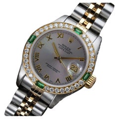 Rolex Dark Grey Roman Numeral Dial Diamond + Emerald Bezel Two Tone Watch 69173