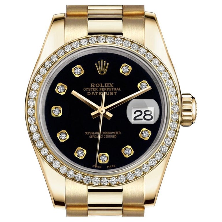 Rolex 26mm Datejust 18kt Gold Black Color Dial with Diamond Accent