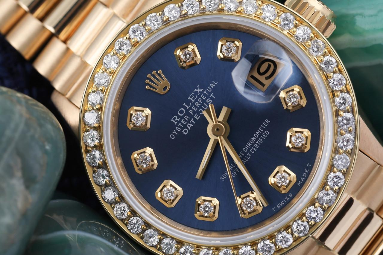 Rolex Datejust 18kt Gold Blaues Zifferblatt mit Diamant-Akzent-Diamant-Lünette 6917 (Rundschliff) im Angebot