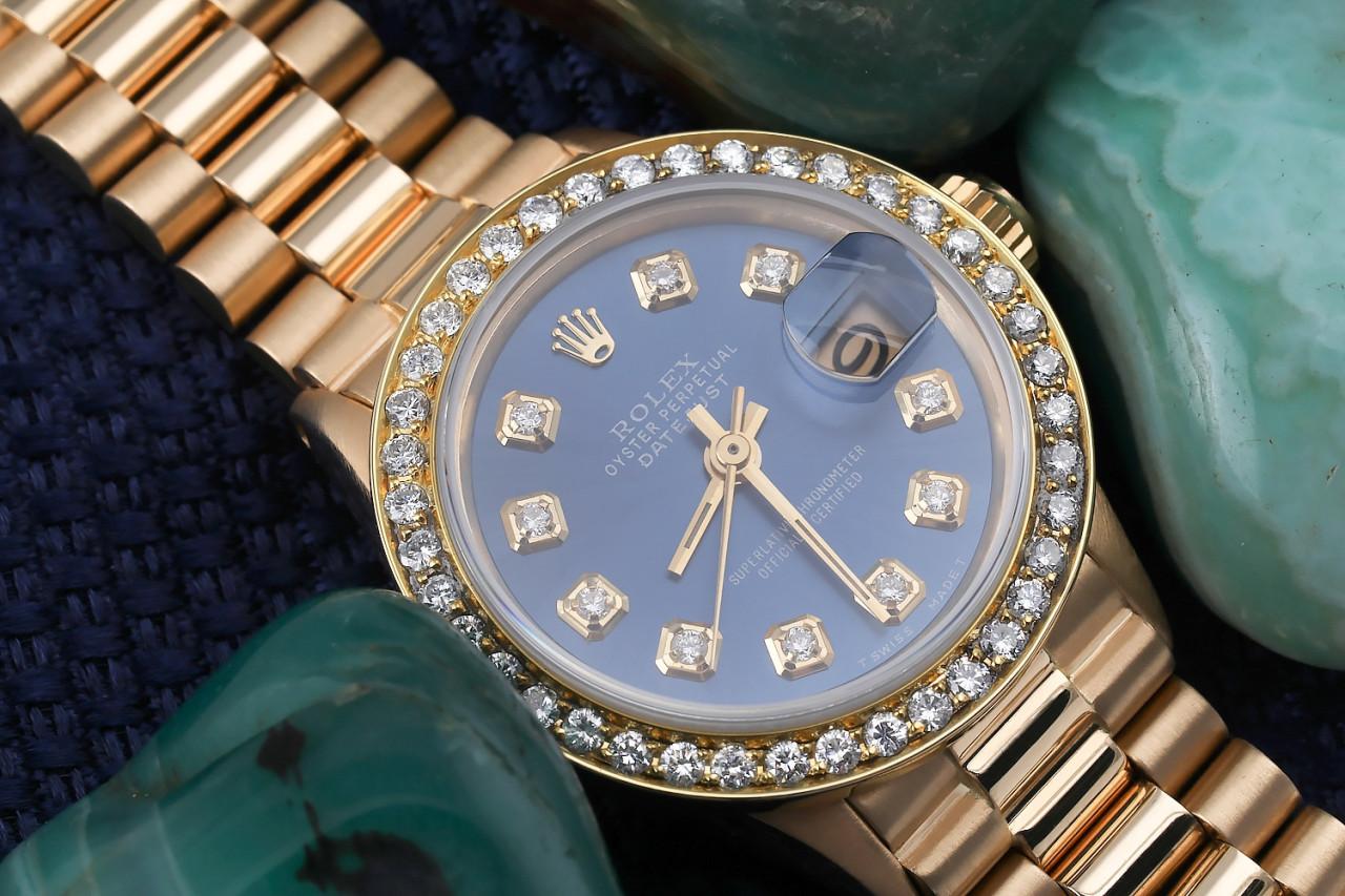 Rolex Datejust 18kt Gold Blaues Zifferblatt mit Diamant-Akzent-Diamant-Lünette 6917 Damen im Angebot