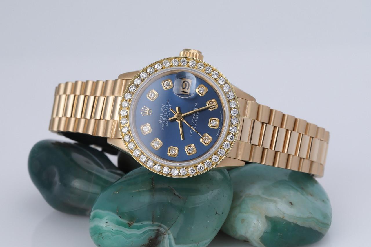 Rolex Datejust 18kt Gold Blue Color Dial with Diamond Accent Diamond Bezel 6917 For Sale 1
