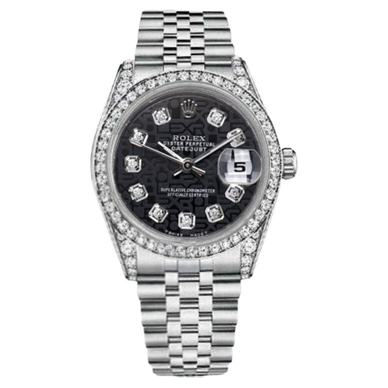 Rolex Montre Datejust à cadran Jubilee noir avec lunette personnalisée en diamants et cornes 69174