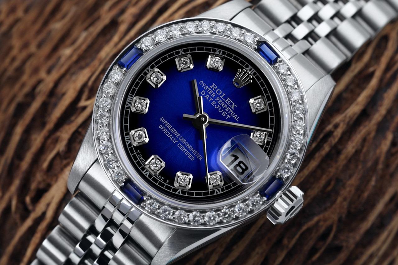 Montre Rolex Datejust 26 mm, cadran bleu avec diamants, acier inoxydable, pour femmes 69160
