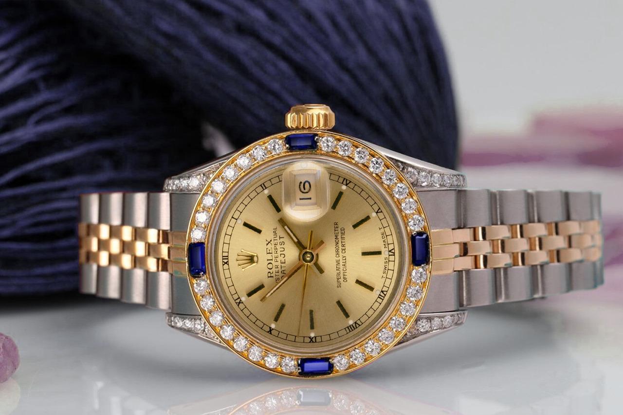 Ladies Rolex 26mm Datejust Champagne Index Dial Two Tone Watch with Sapphires & Diamonds 69173
