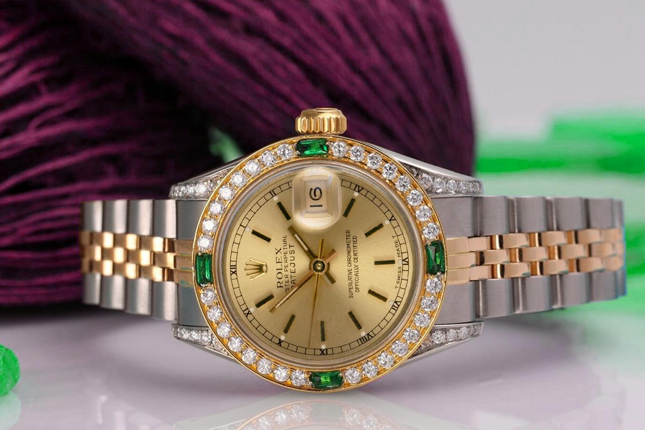 Ladies Rolex 26mm Datejust Champagne Index Dial Two Tone Watch with Emeralds & Diamonds 69173