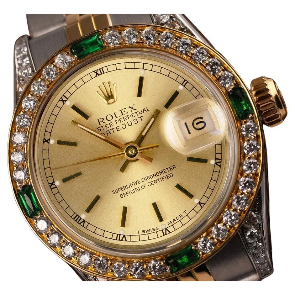 Rolex Datejust Champagne Index Dial Two Tone Watch with Emeralds & Diamonds  For Sale