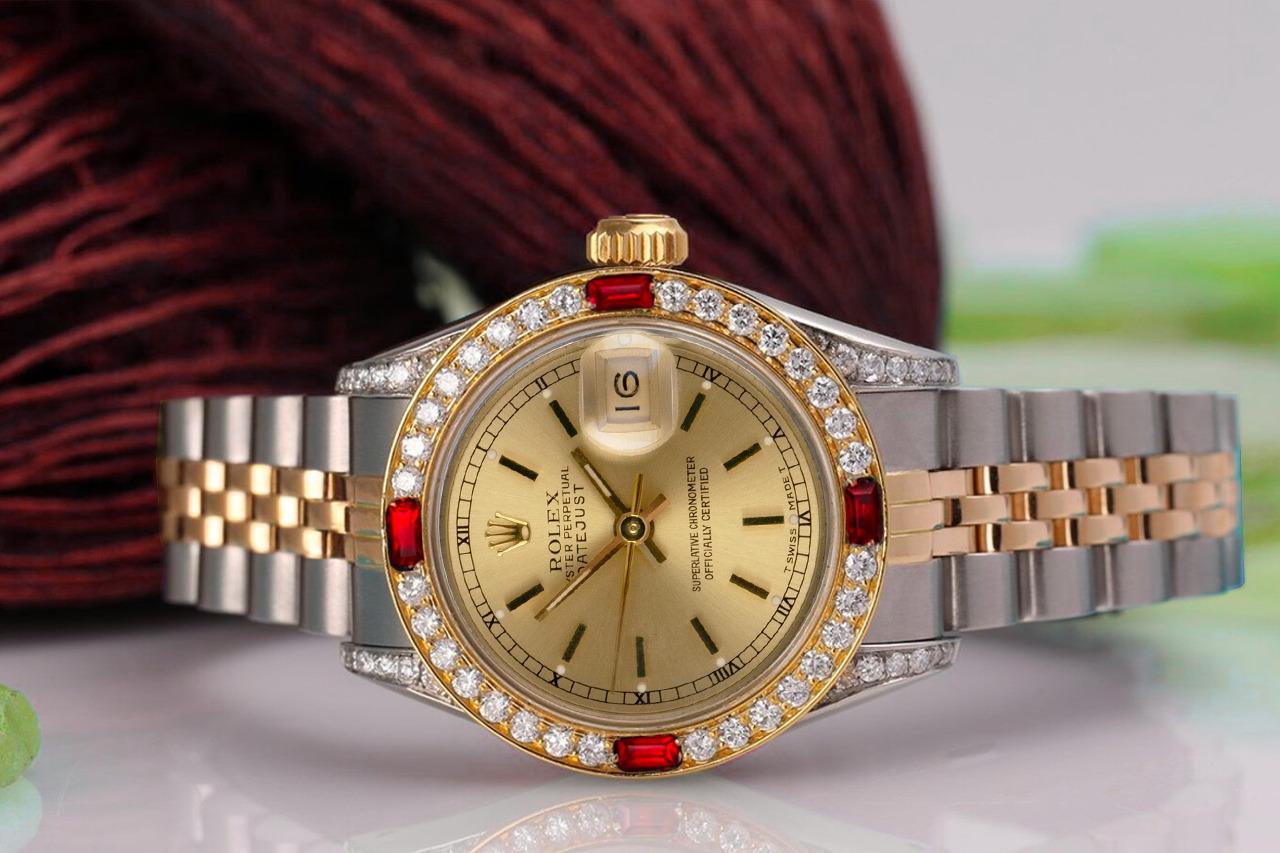 Ladies Rolex 26mm Datejust Champagne Index Dial Two Tone Watch with Rubies & Diamonds 69173
