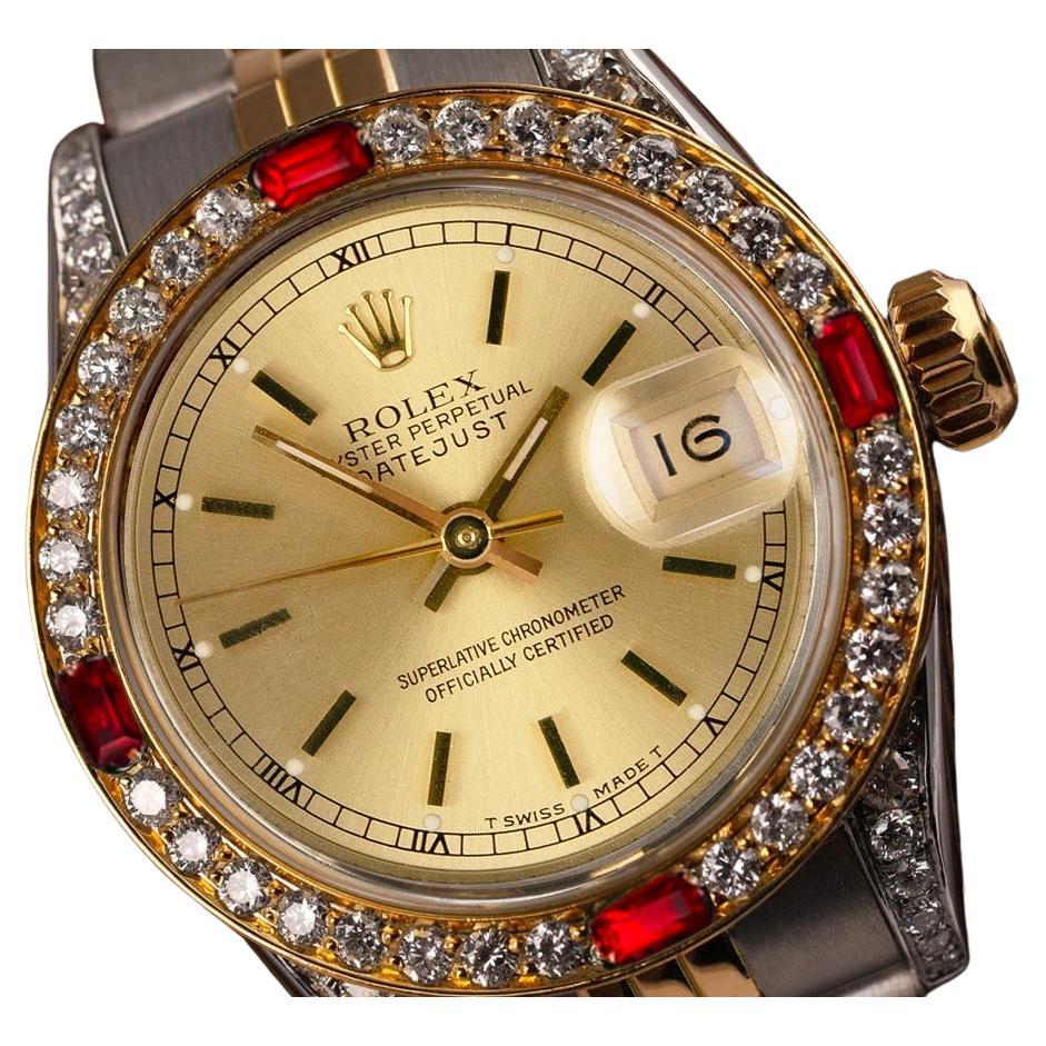 Rolex Datejust Champagne Index Dial Two Tone Watch with Rubies & Diamonds 69173