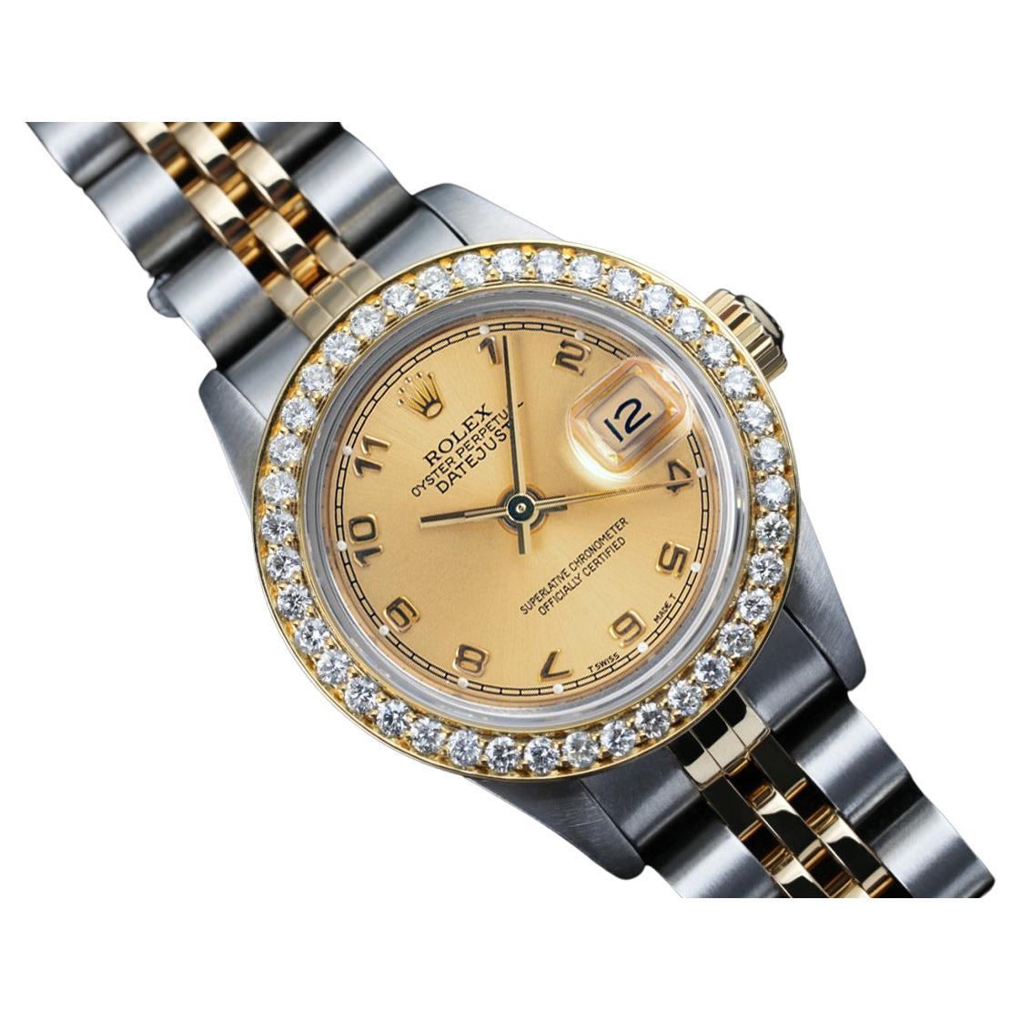 Rolex Datejust Diamond Bezel Two Tone Watch 69173 Arabic Champagne Dial For Sale
