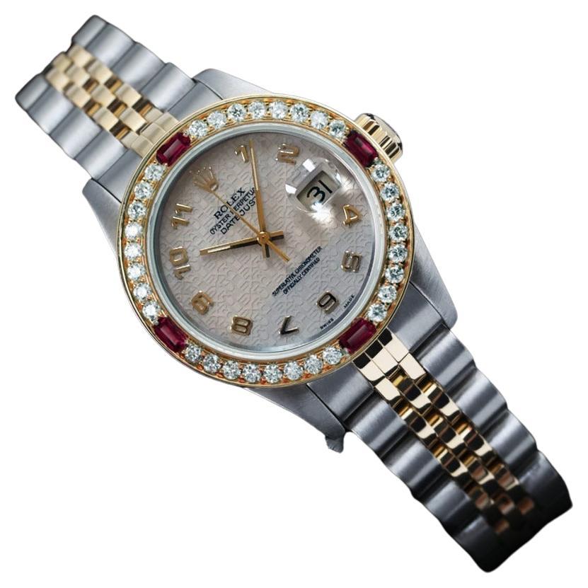 Rolex Datejust Diamond + Ruby Bezel Two Tone Watch 69173 Cream Arabic Dial  For Sale
