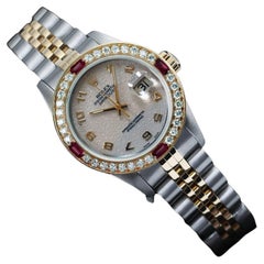 Vintage Rolex Datejust Diamond + Ruby Bezel Two Tone Watch 69173 Cream Arabic Dial 
