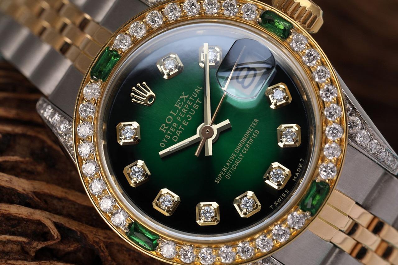 Ladies Rolex 26mm Datejust Green Vignette Dial Diamond Bezel + Lugs + Emerald Two Tone Watch 69173 
