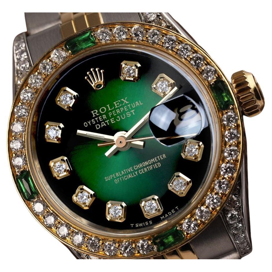 Rolex Montre Datejust à cadran vert avec lunette en diamants + cornes et émeraudes 69173  en vente