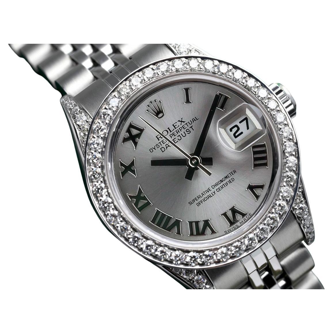 Rolex Montre Datejust 26 mm à cadran romain gris avec lunette en diamant et bracelet à cornes Jubilee 69174