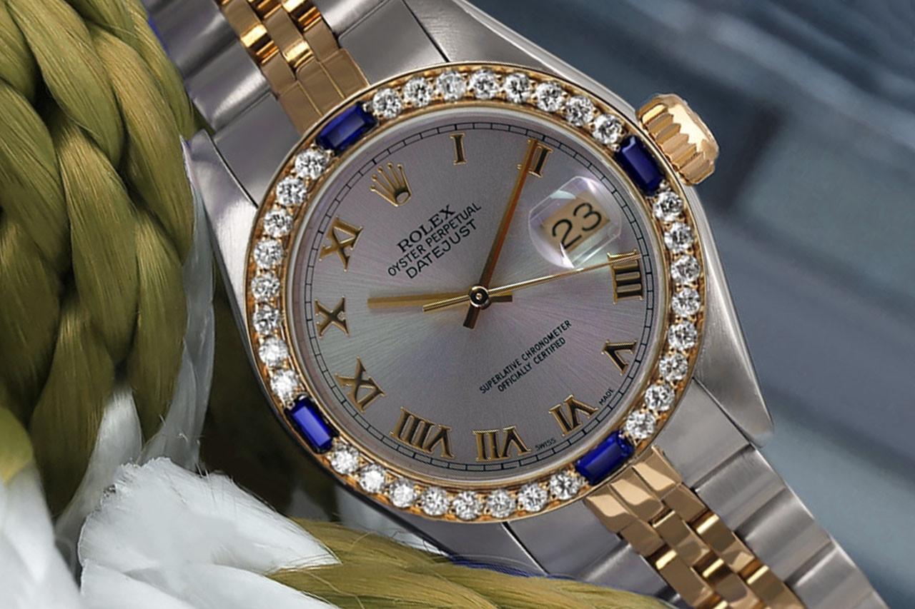 Rolex 26mm Datejust Graues römisches Zifferblatt Diamant/Sapphire-Lünette zweifarbige Uhr (Rundschliff) im Angebot
