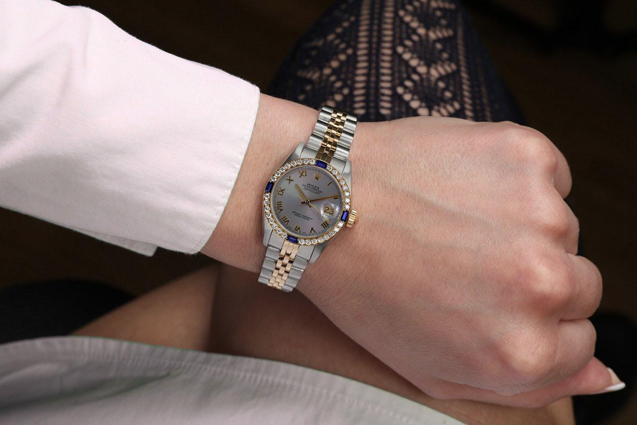 Round Cut Rolex Datejust Grey Roman Dial Diamond/Sapphire Bezel Two Tone Watch For Sale