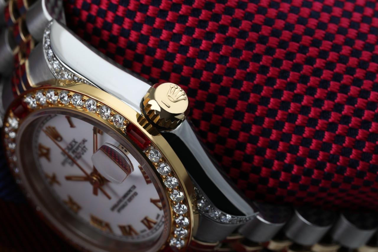 Taille ronde Rolex Montre Datejust Jubilee à lunette chiffres romains blancs + cornes et rubis 69173 en vente