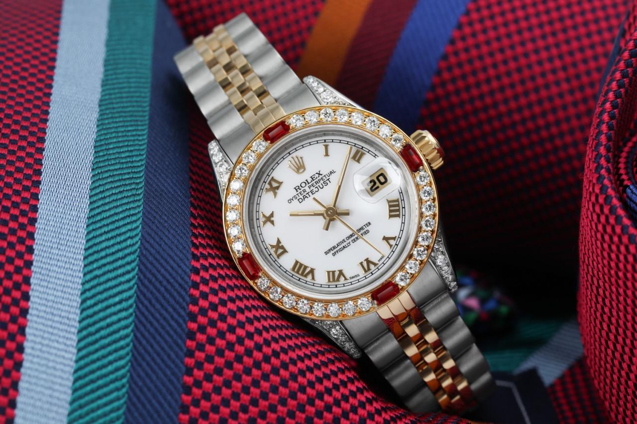 Rolex Montre Datejust Jubilee à lunette chiffres romains blancs + cornes et rubis 69173 Pour femmes en vente