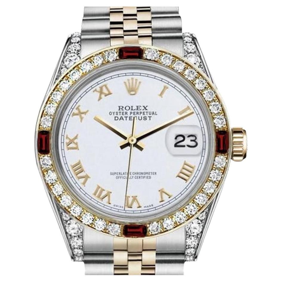 Rolex Montre Datejust Jubilee à lunette chiffres romains blancs + cornes et rubis 69173 en vente