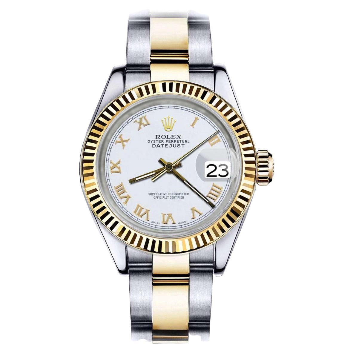 Rolex 26mm Datejust 69173 Ladies 2 Two Tone SS/YG White Roman Numeral Dial Watch For Sale