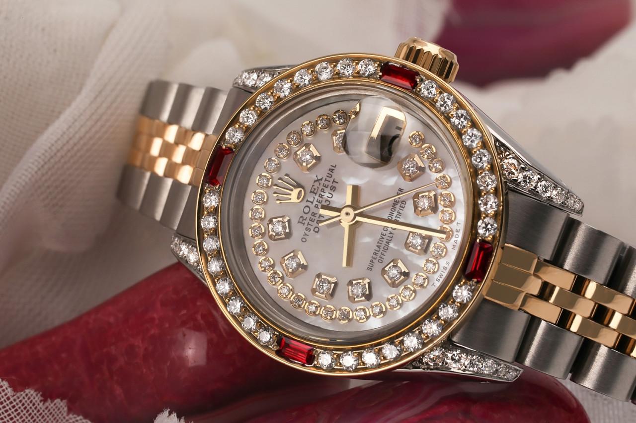 Women's Rolex Datejust Ladies 69173 Two Tone Jubilee White MOP String Diamond Dial Watch For Sale