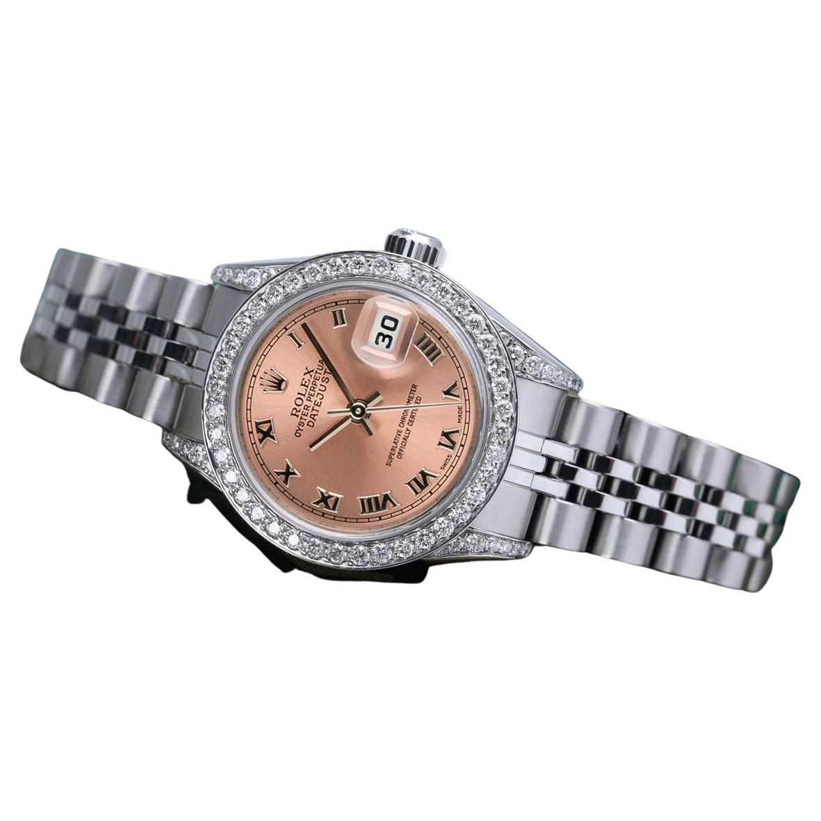Rolex Datejust Salmon Dial with Roman Numerals Custom Diamond Bezel and Lugs For Sale