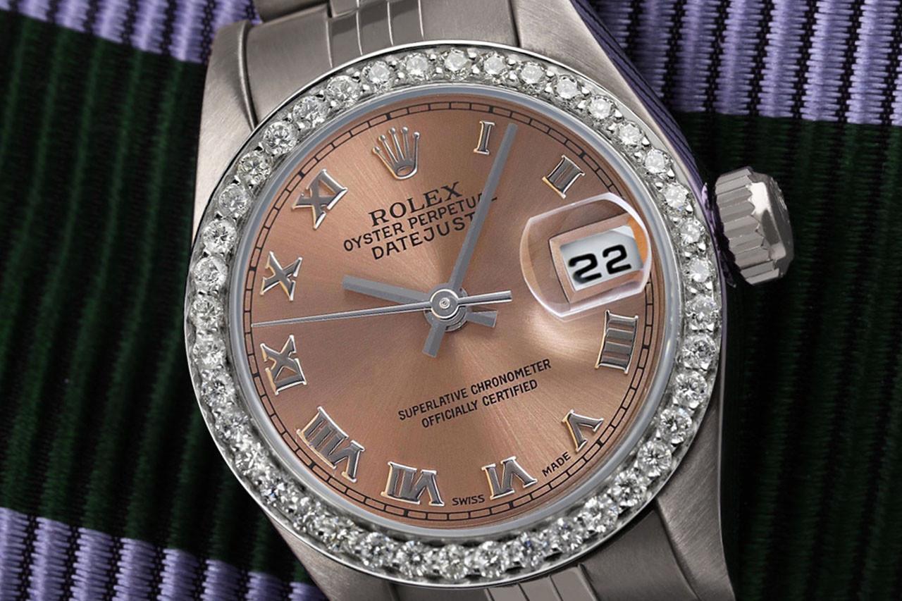 Taille ronde Rolex Montre Datejust en acier avec cadran romain saumon 26 mm et lunette en diamants en vente