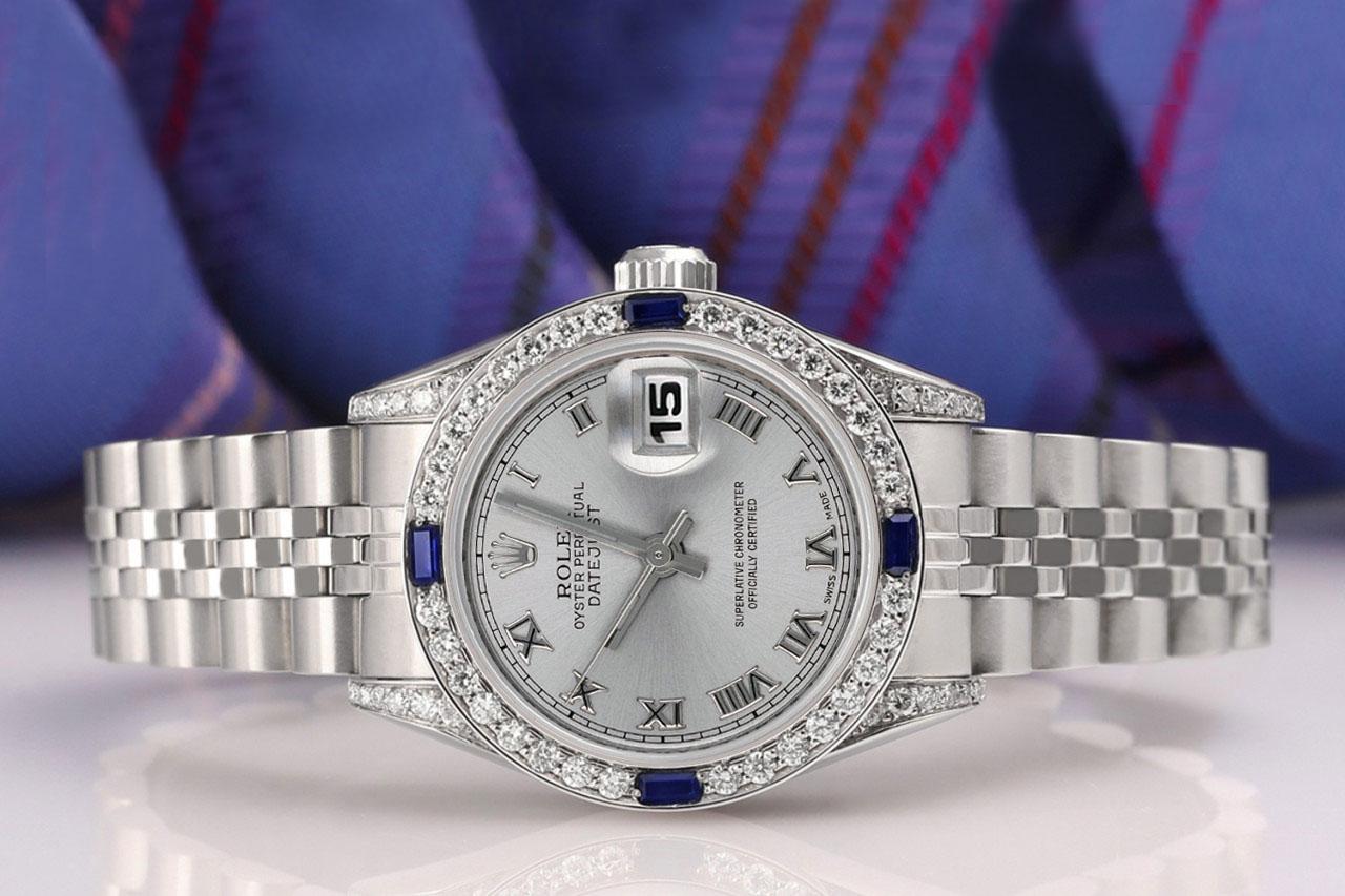 Round Cut Rolex Datejust Silver Roman Dial Diamond + Sapphire Stainless Steel Watch For Sale