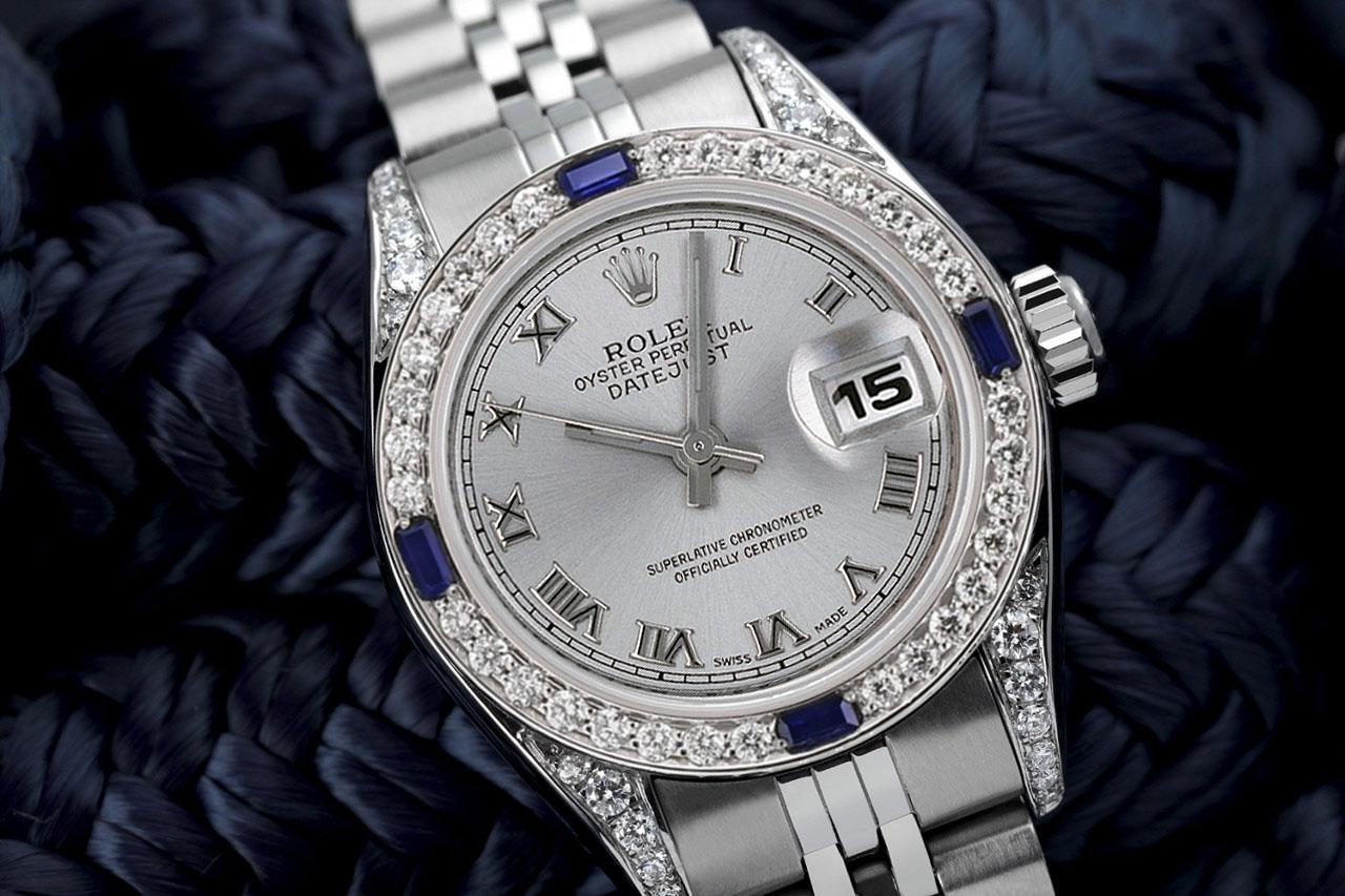 Rolex Datejust Silver Roman Dial Diamond + Sapphire Stainless Steel Watch In Excellent Condition For Sale In New York, NY