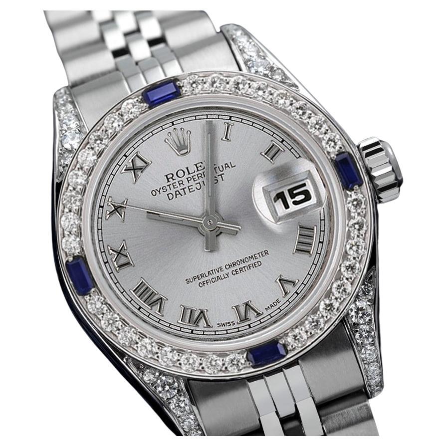 Rolex Datejust Silver Roman Dial Diamond + Sapphire Stainless Steel Watch 69174 For Sale