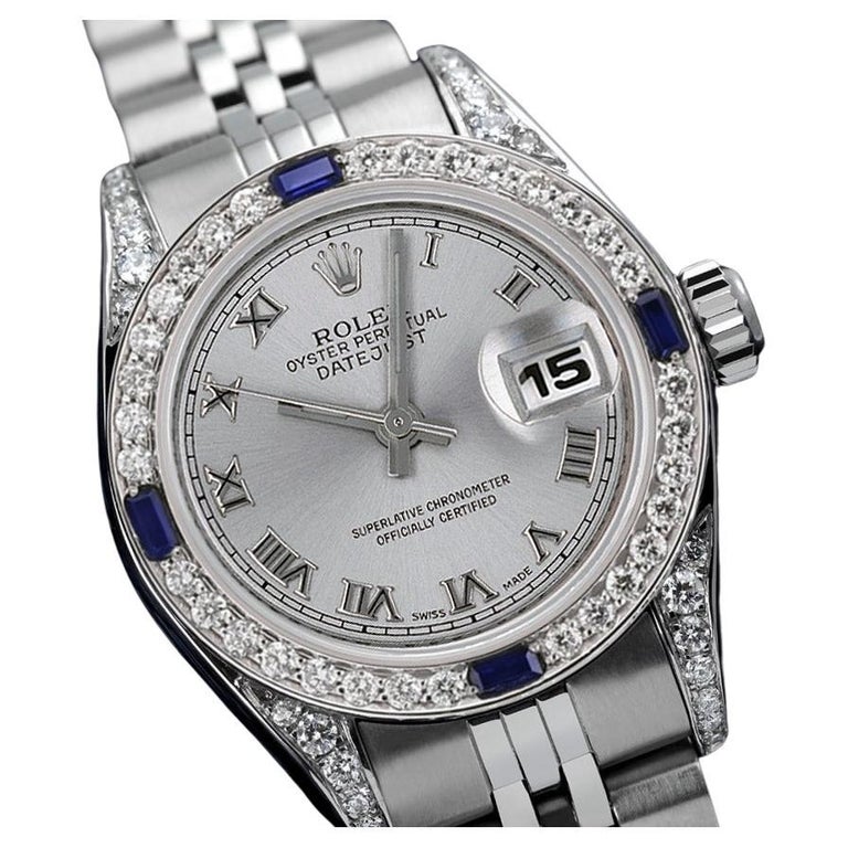 Reloj Rolex Datejust Plata Esfera Romana Diamante + Zafiro Acero inoxidable  69174 en venta en 1stDibs