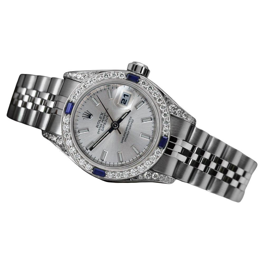 Rolex Datejust Silver Stick Dial with Sapphire & Diamond Bezel + Lugs 69174 For Sale